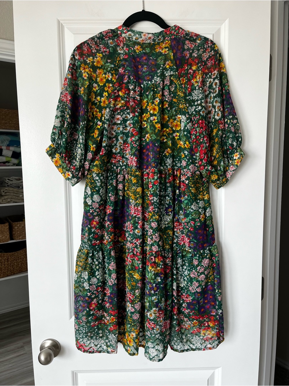 Anthropologie Green Floral V-Neck Tiered Mini Dress - Picture 8 of 8